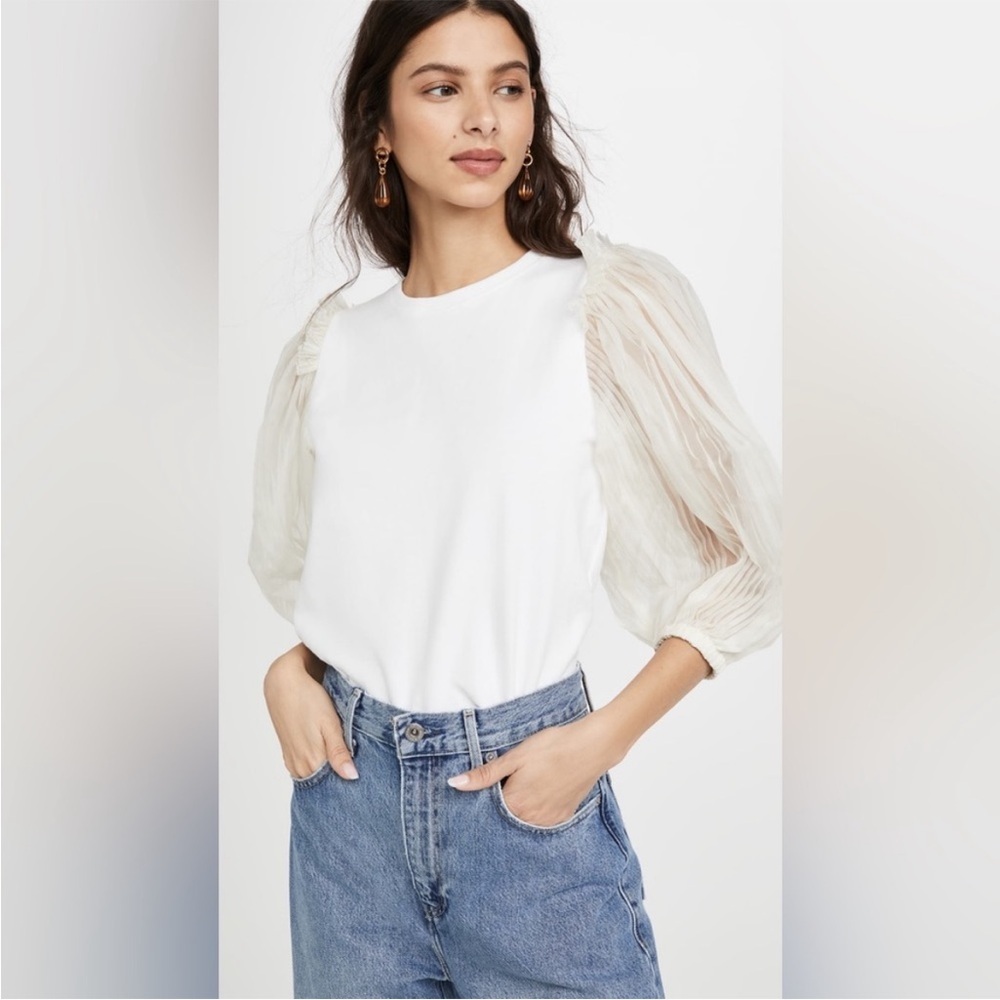 Sea Olive White Sheer Puff Sleeve T-Shirt Top L
